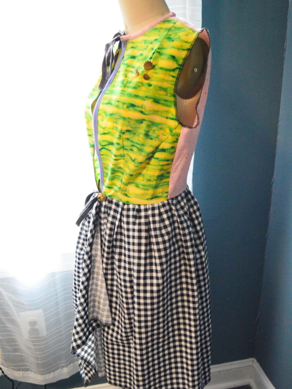Eclectic Handmade Patchwork Gingham & Green, Pink Eyelet Statement Dress Vest
